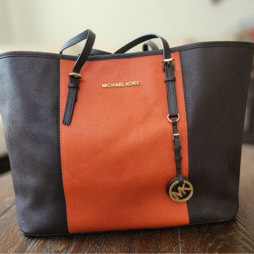 Michael Kors Two-Tone Orange and Brown Tote - Picture 2 of 9